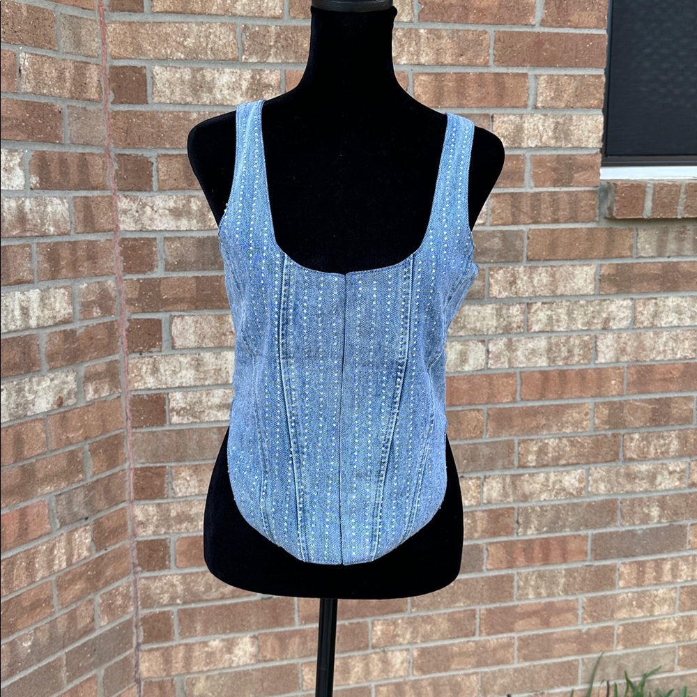 Maniere De Voir Bling Jeweled Rhinestone Western Blue Jean Corset Vest Top